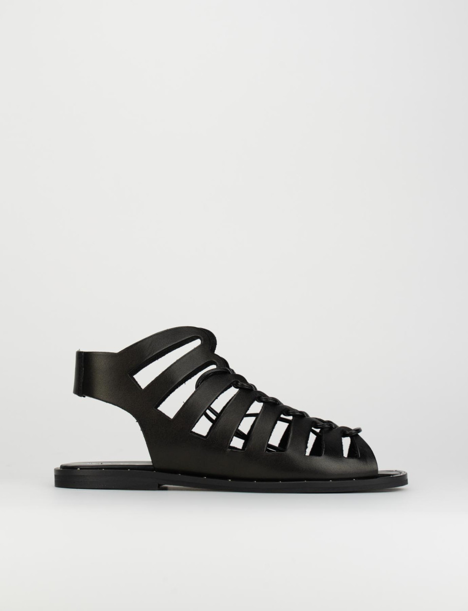 Sandalias de tacón bajo tacón 1 cm negro cuero