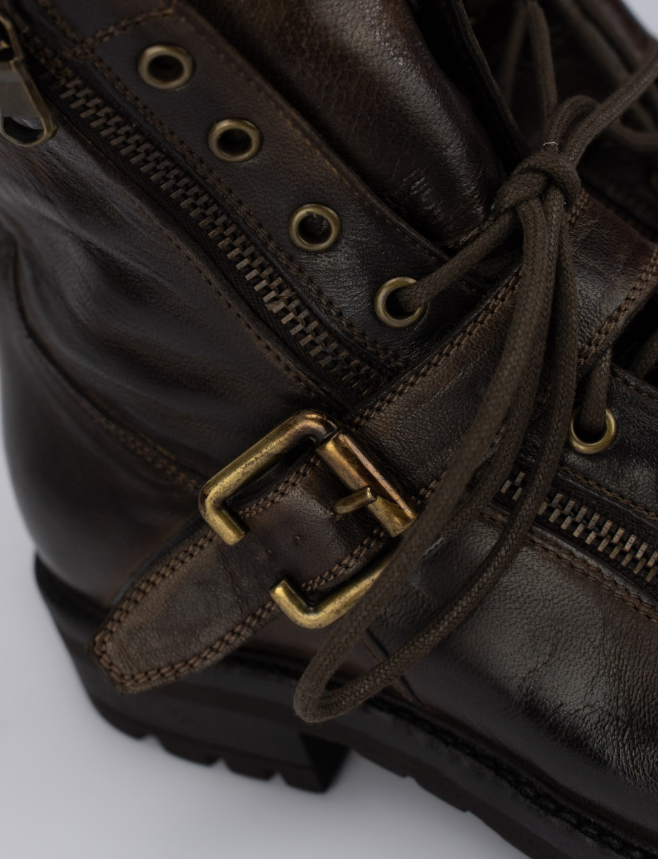 Botas militares tacón 1 cm marrón oscuro cuero