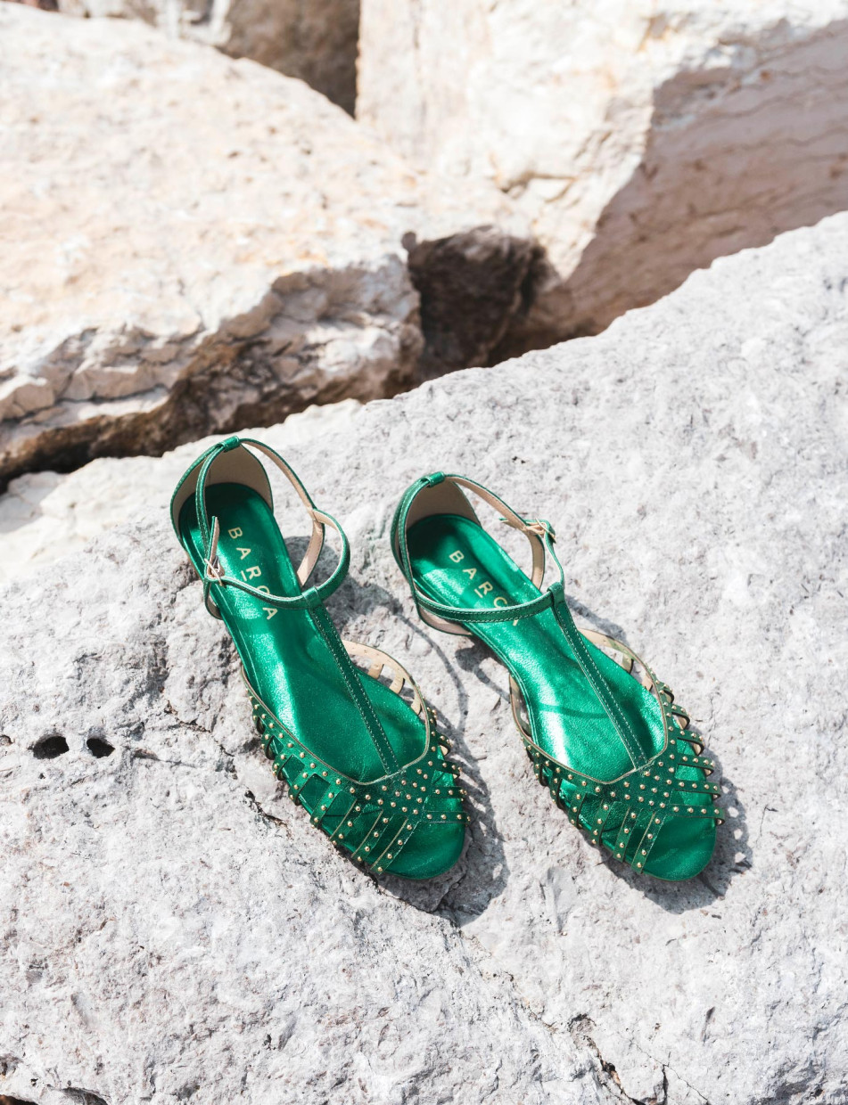 Sandalias de tacón bajo tacón 1 cm verde cuero