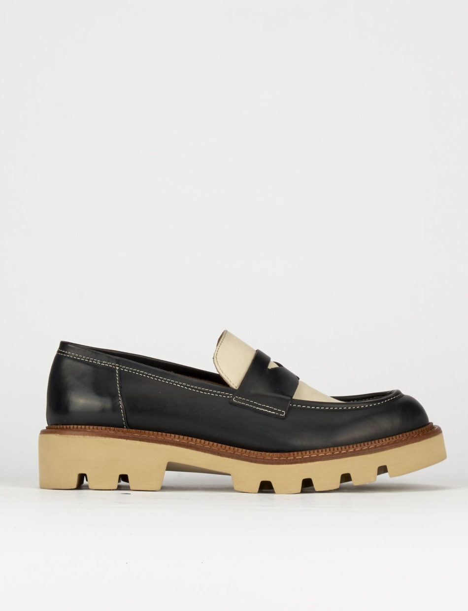 Mocasines tacón 1 cm azul cuero