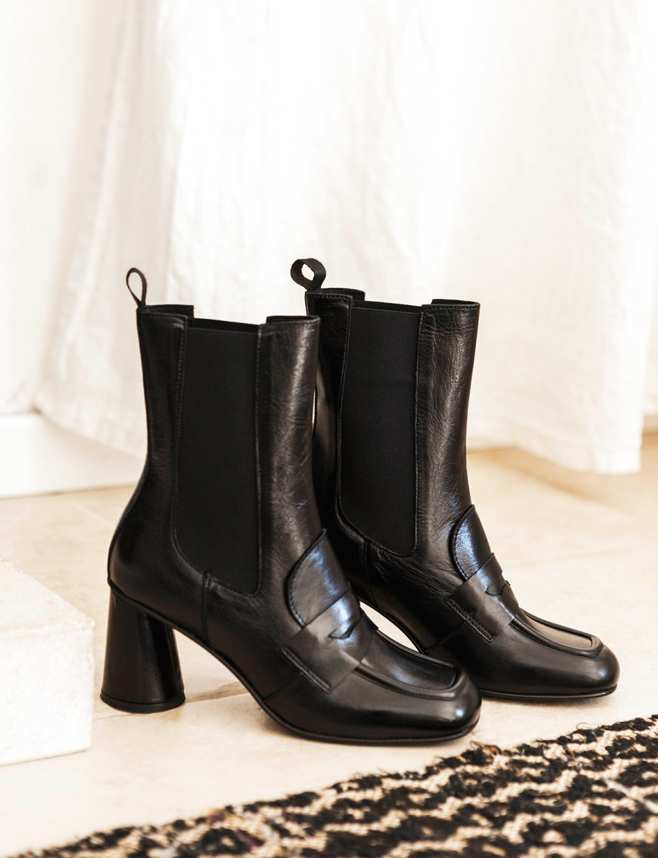 Botines de tacón alto tacón 7 cm negro cuero