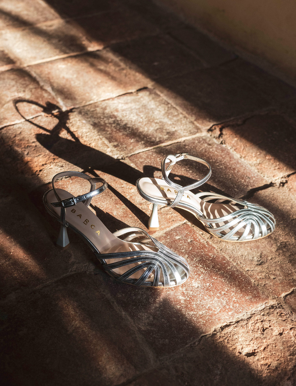 High heel sandals heel 6 cm silver laminated