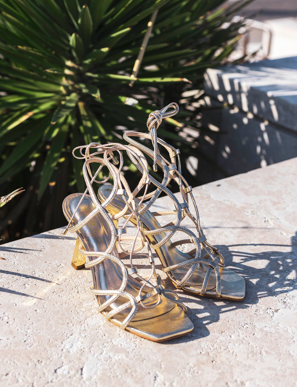 Sandalias de tacón alto tacón 9 cm oro cuero