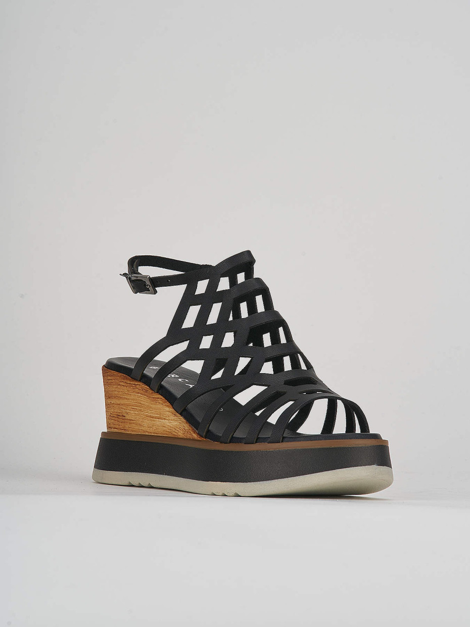 Sandalias de cuña tacón 7 cm negro cuero