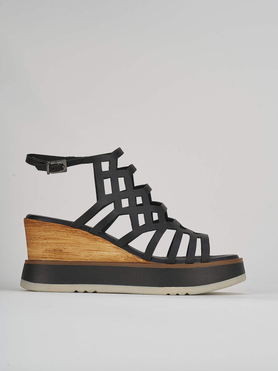 Sandalias de cuña tacón 7 cm negro cuero