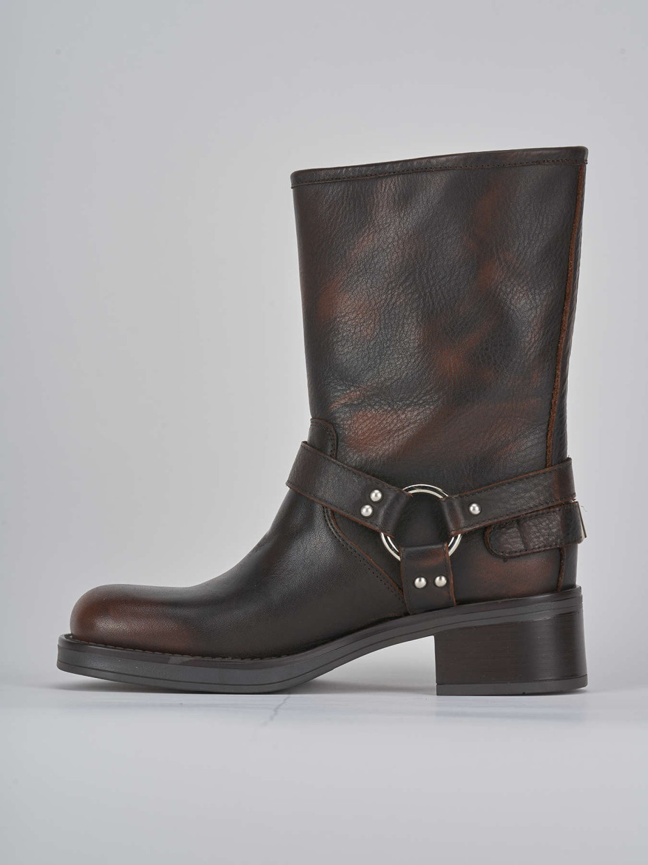 Botines de tacón bajo tacón 4 cm marrón oscuro cuero