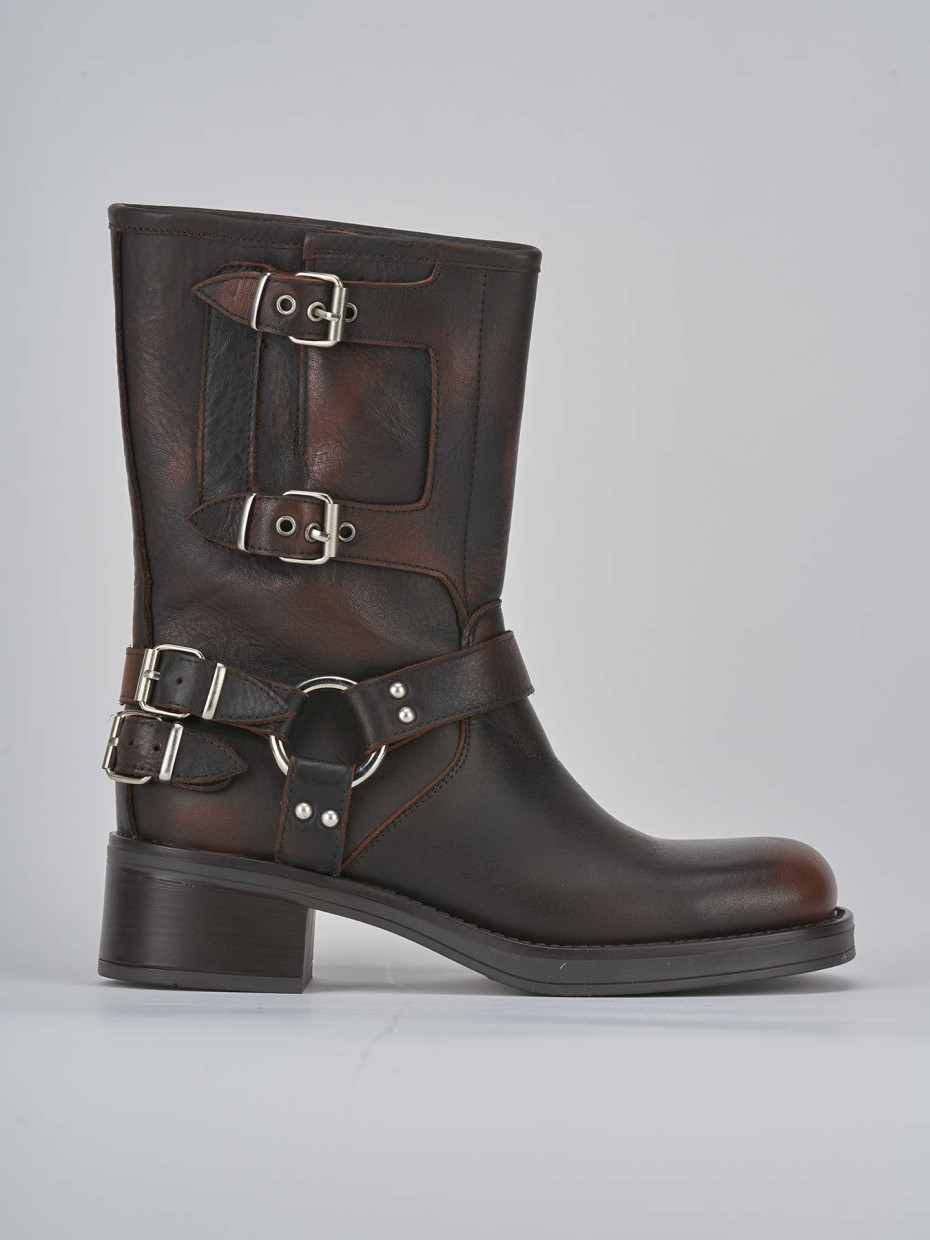Botines de tacón bajo tacón 4 cm marrón oscuro cuero