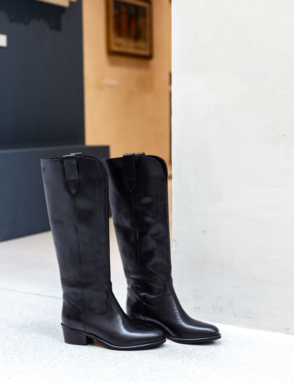 Botas de tacón bajo tacón 4 cm negro cuero