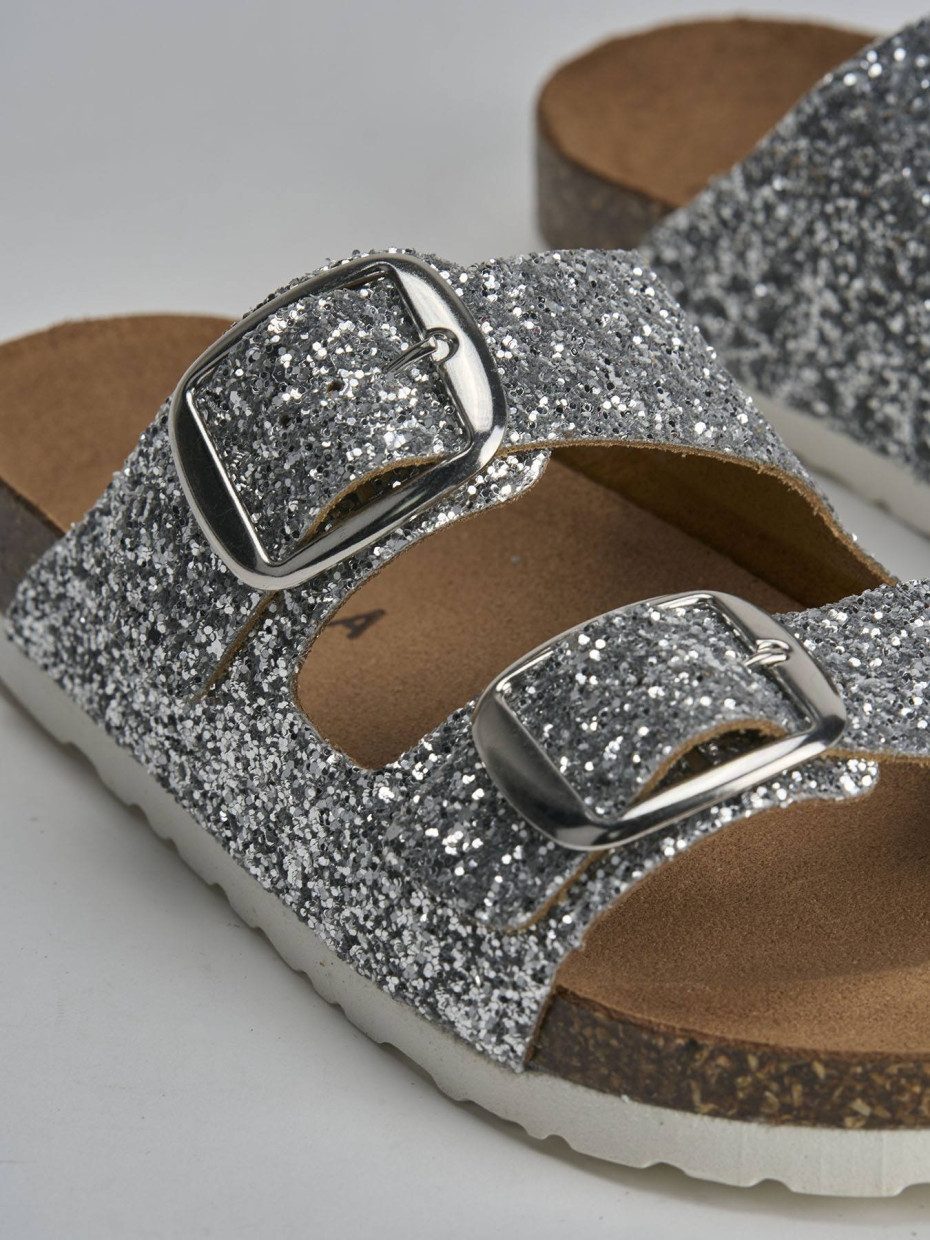 Mules tacón 1 cm plata glitter