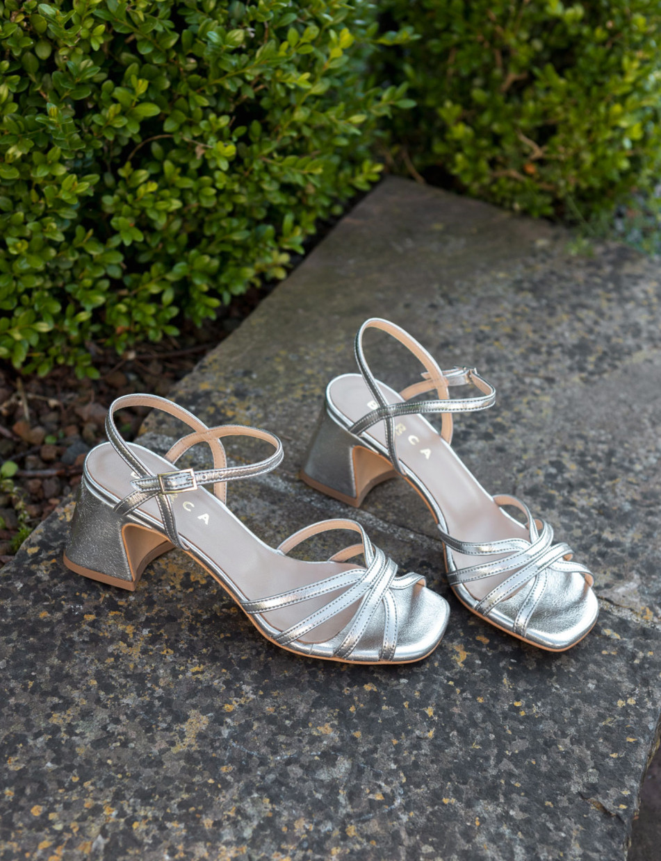 Sandalias de tacón alto tacón 6 cm plata cuero