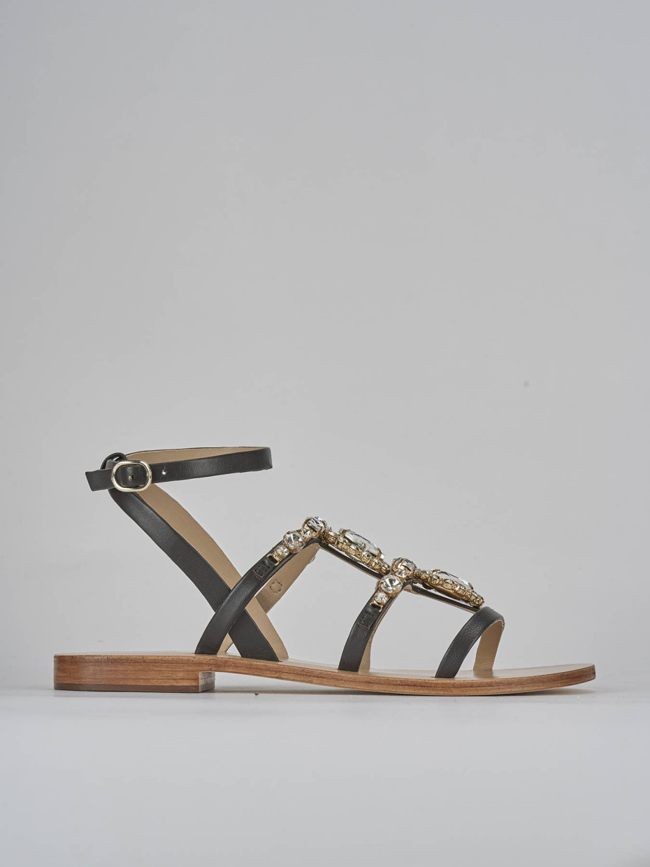 Sandalias de tacón bajo tacón 1 cm marrón oscuro cuero
