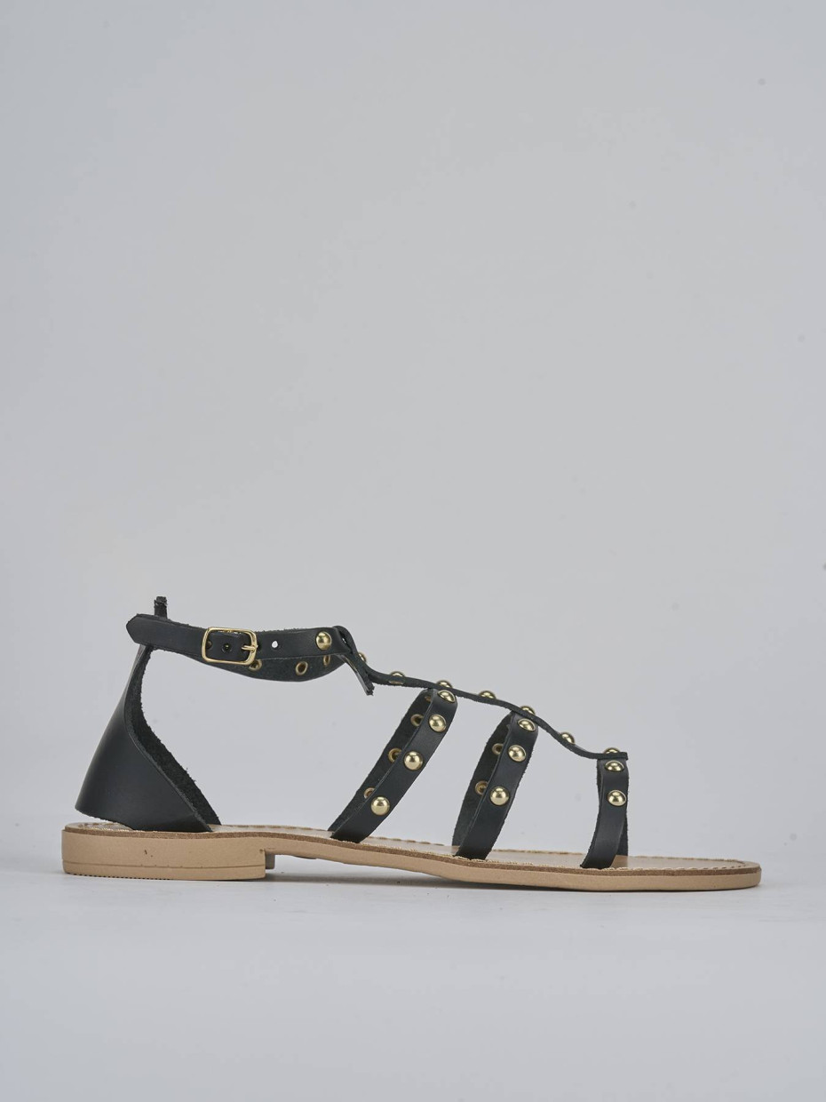 Sandalias de tacón bajo tacón 1 cm negro cuero