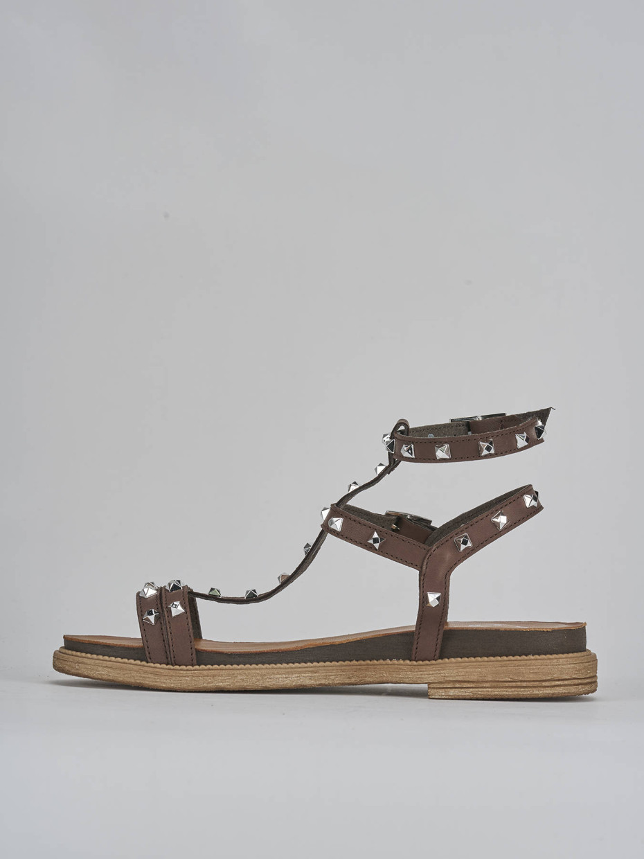 Sandalias de tacón bajo tacón 1 cm marrón oscuro cuero