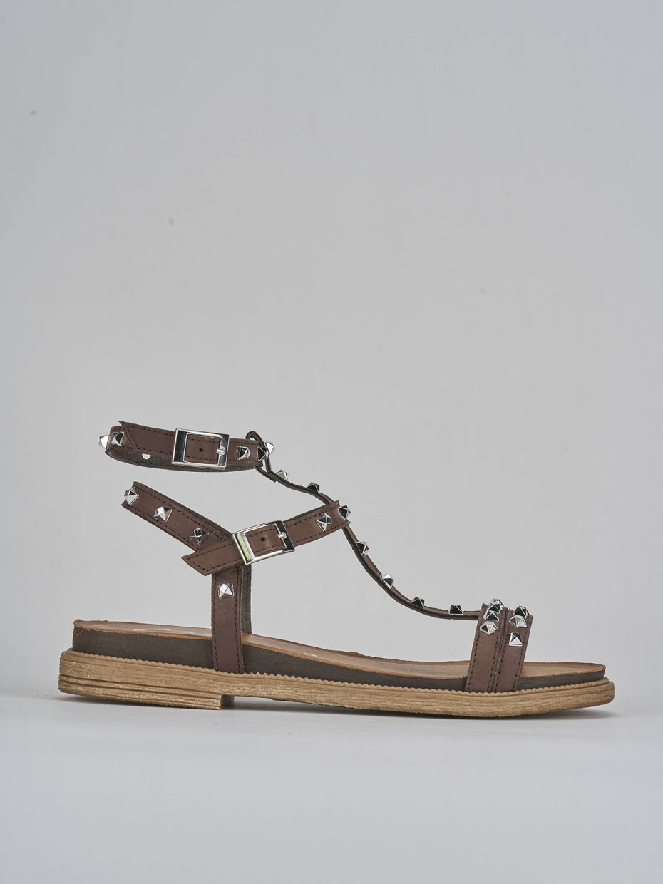 Sandalias de tacón bajo tacón 1 cm marrón oscuro cuero