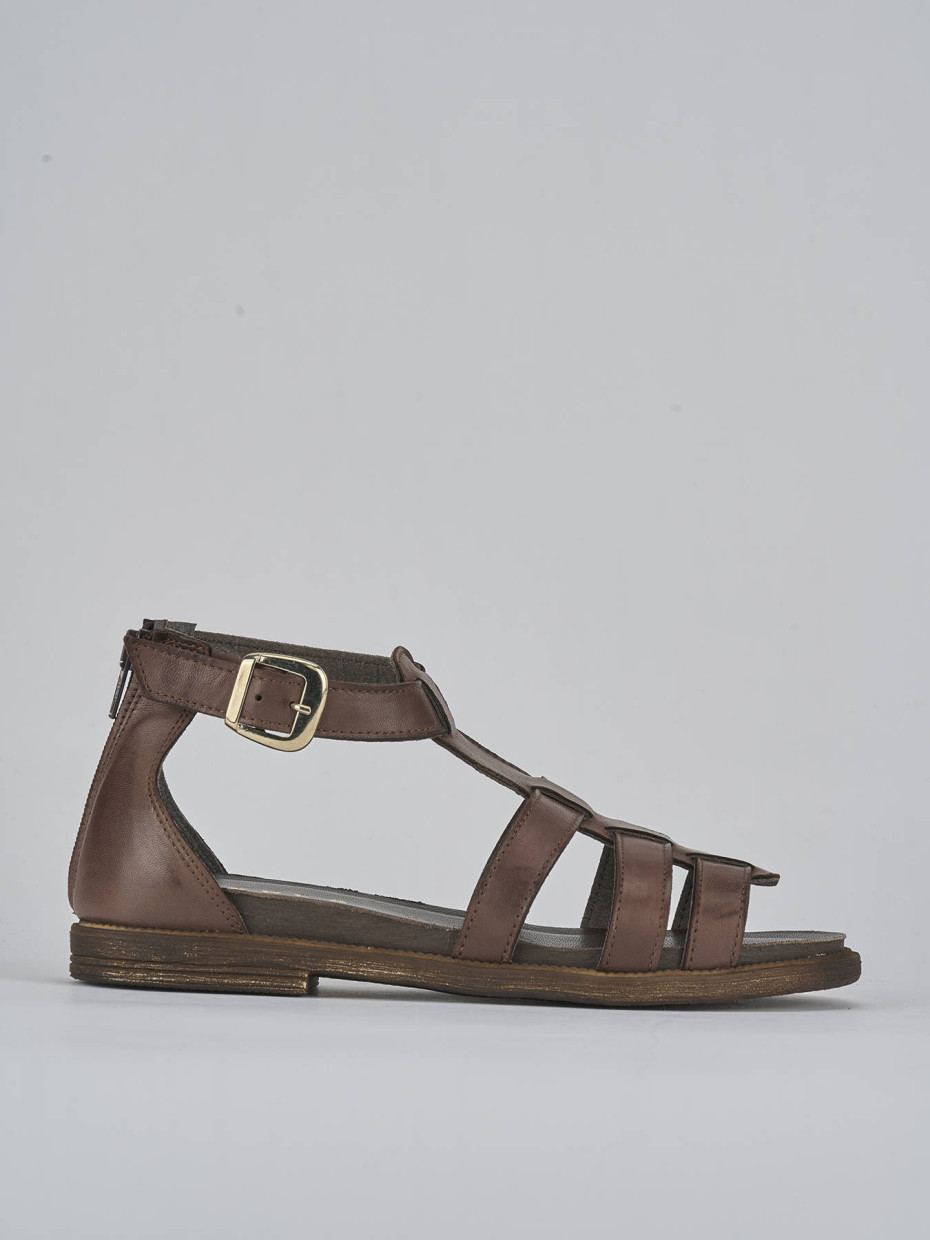 Sandalias de tacón bajo tacón 1 cm marrón oscuro cuero