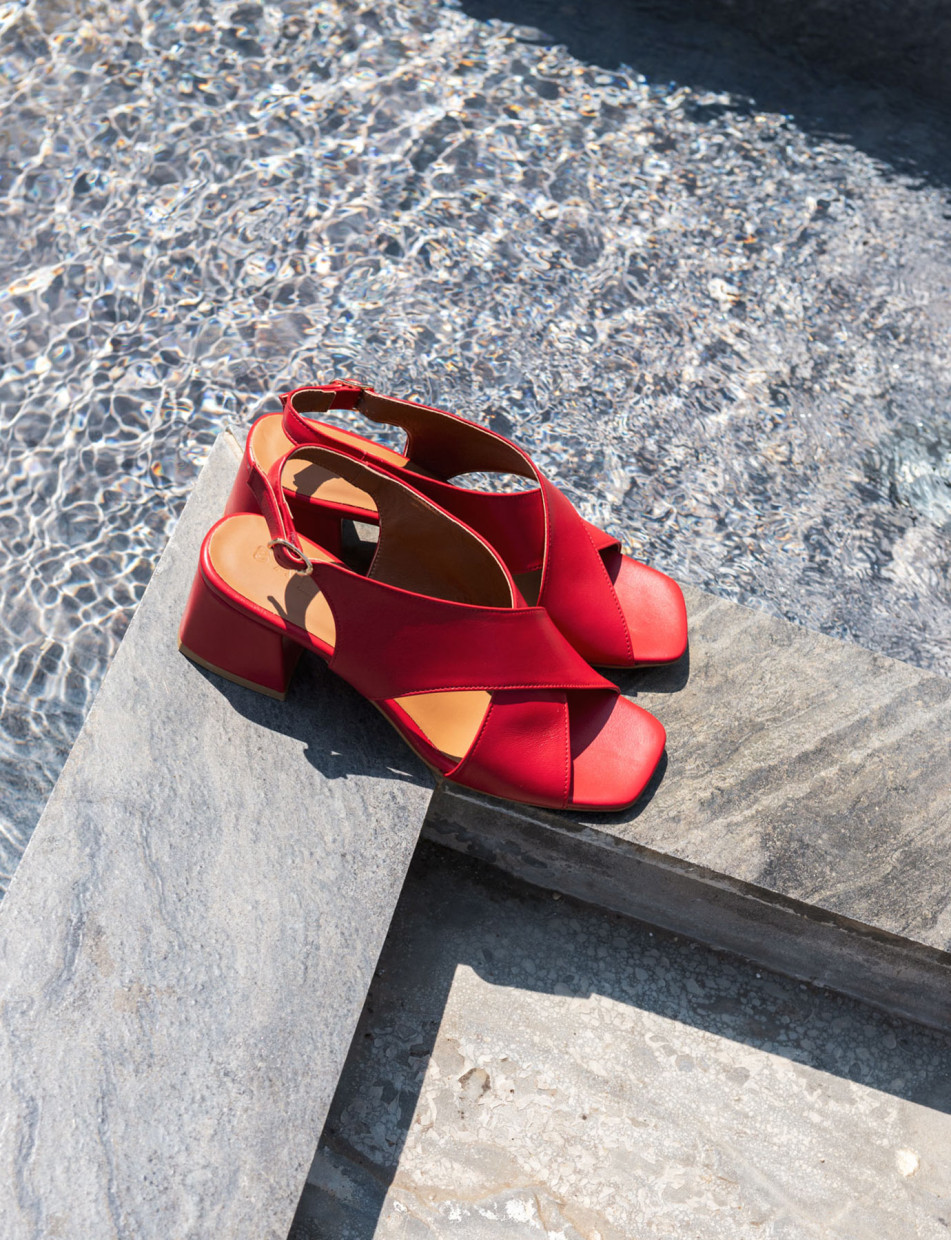Sandalias de tacón alto tacón 5 cm rojo cuero