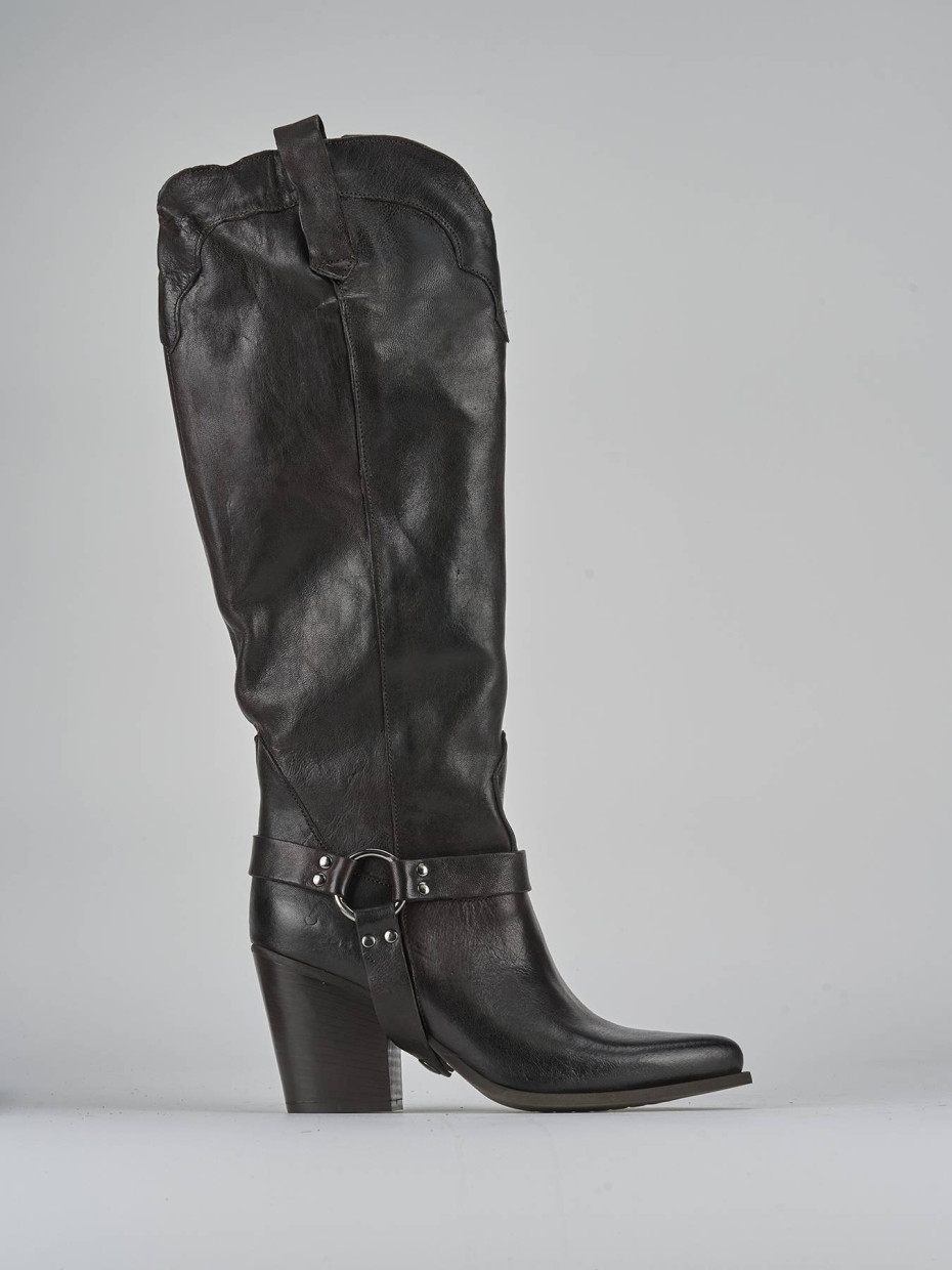Botas de tacón alto tacón 7 cm marrón oscuro cuero