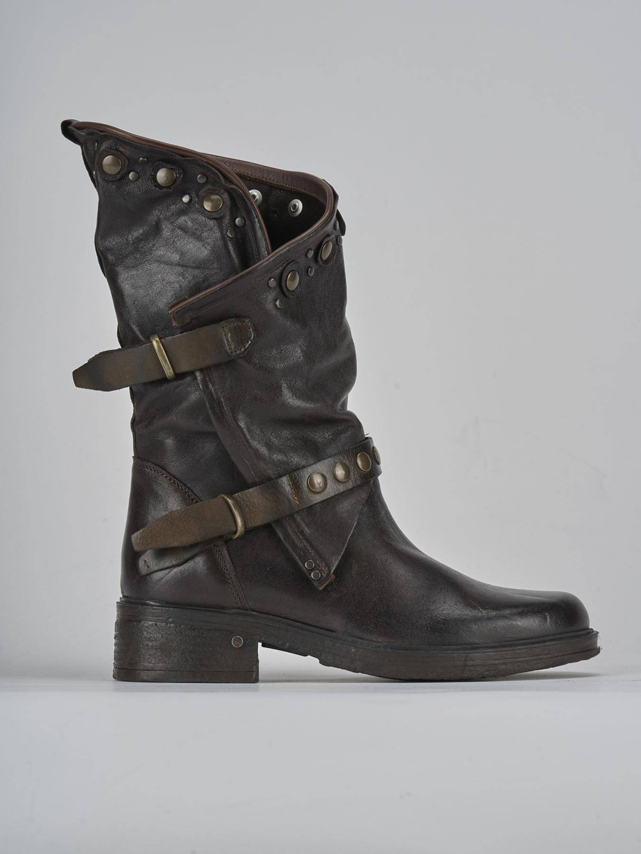 Botines de tacón bajo tacón 3 cm marrón oscuro cuero