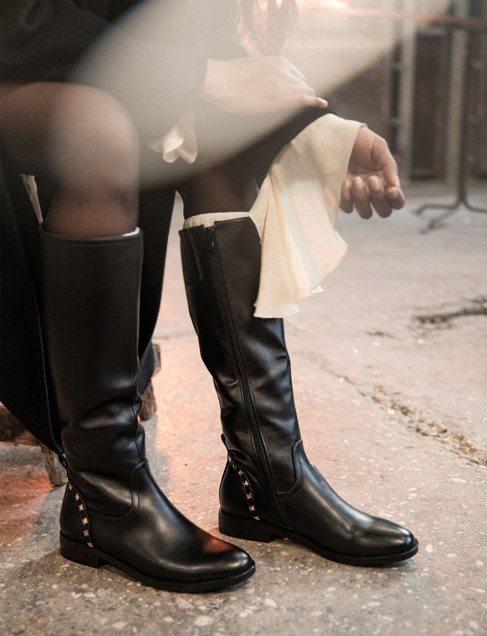 Botas de tacón bajo tacón 1 cm negro cuero