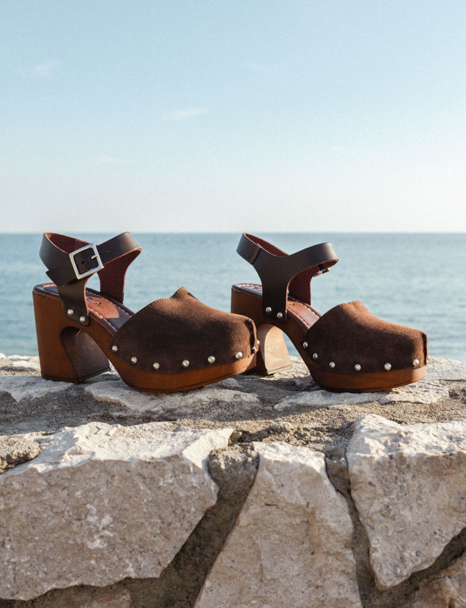 Sandalias de tacón alto tacón 9 cm marrón oscuro ante