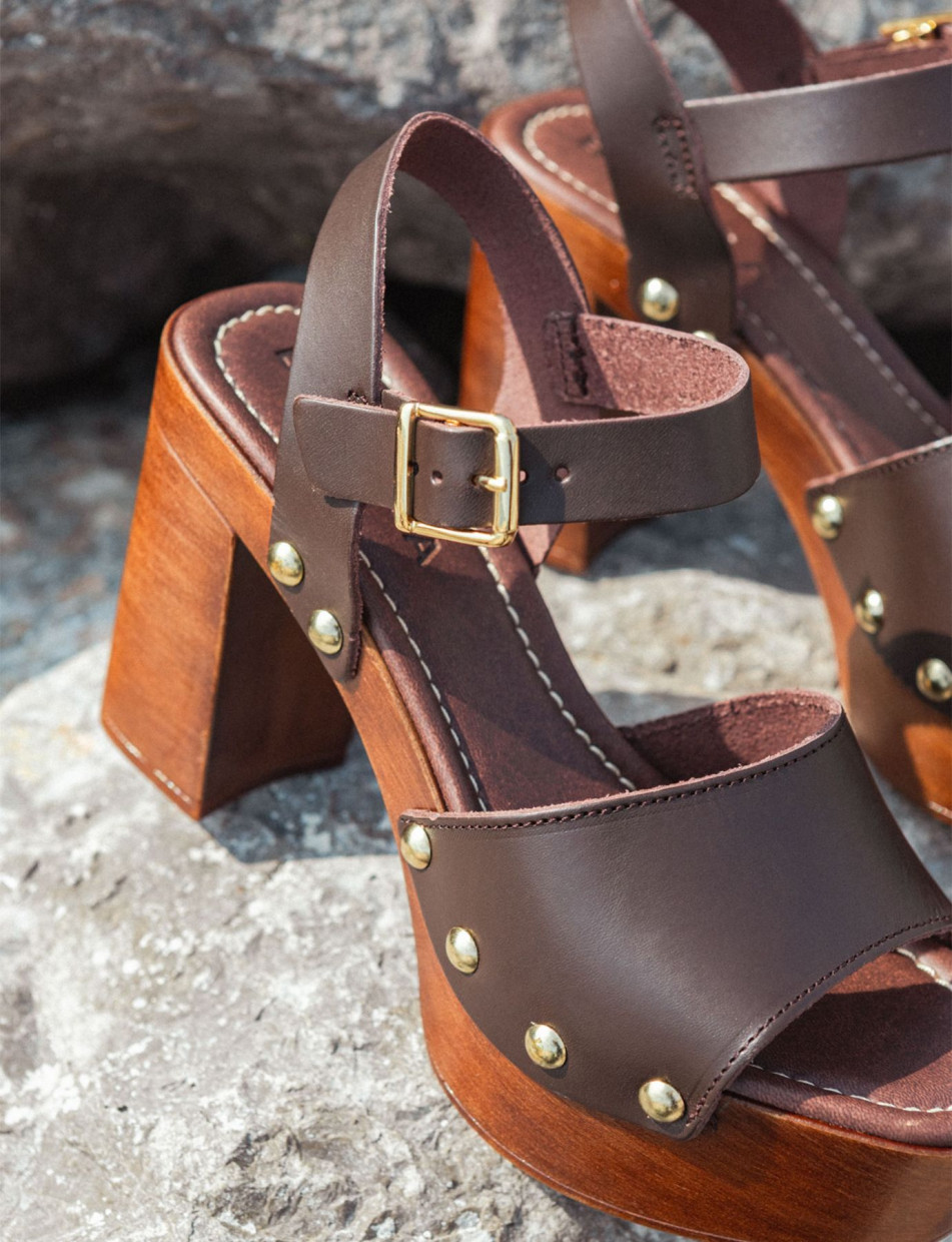 Sandalias de tacón alto tacón 10 cm marrón oscuro cuero