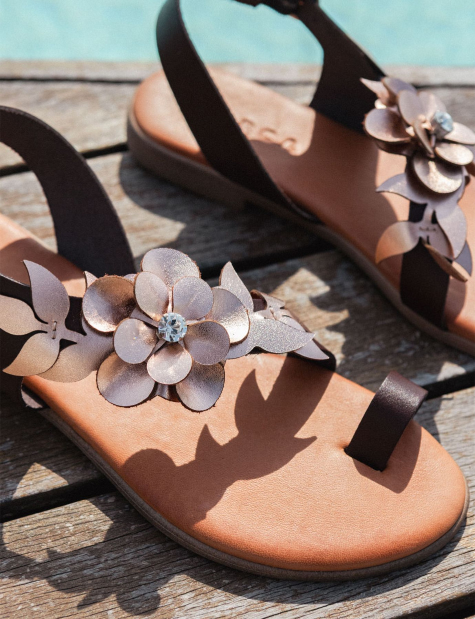 Sandalias de tacón bajo tacón 1 cm cobre cuero