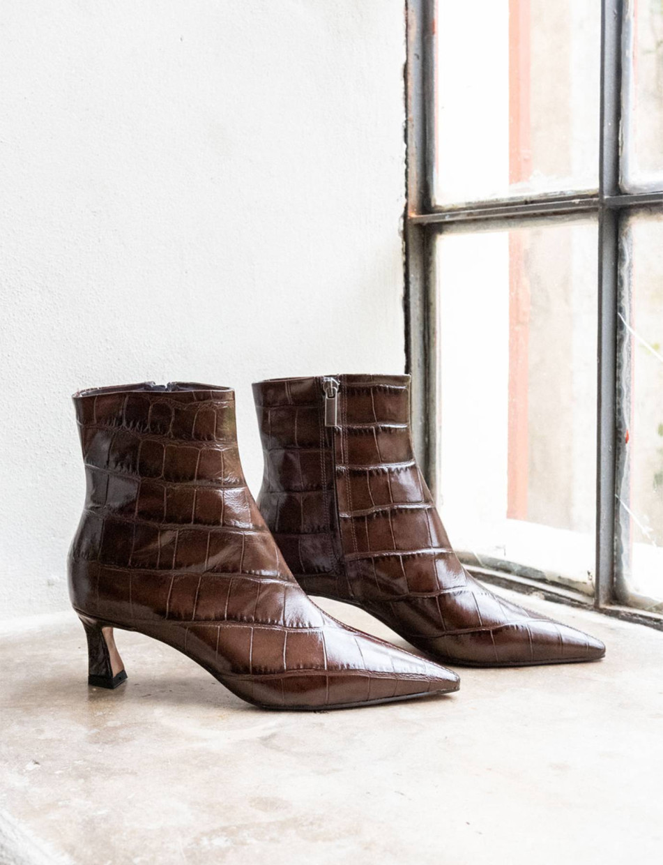 Botines de tacón alto tacón 6 cm marrón oscuro efecto coco