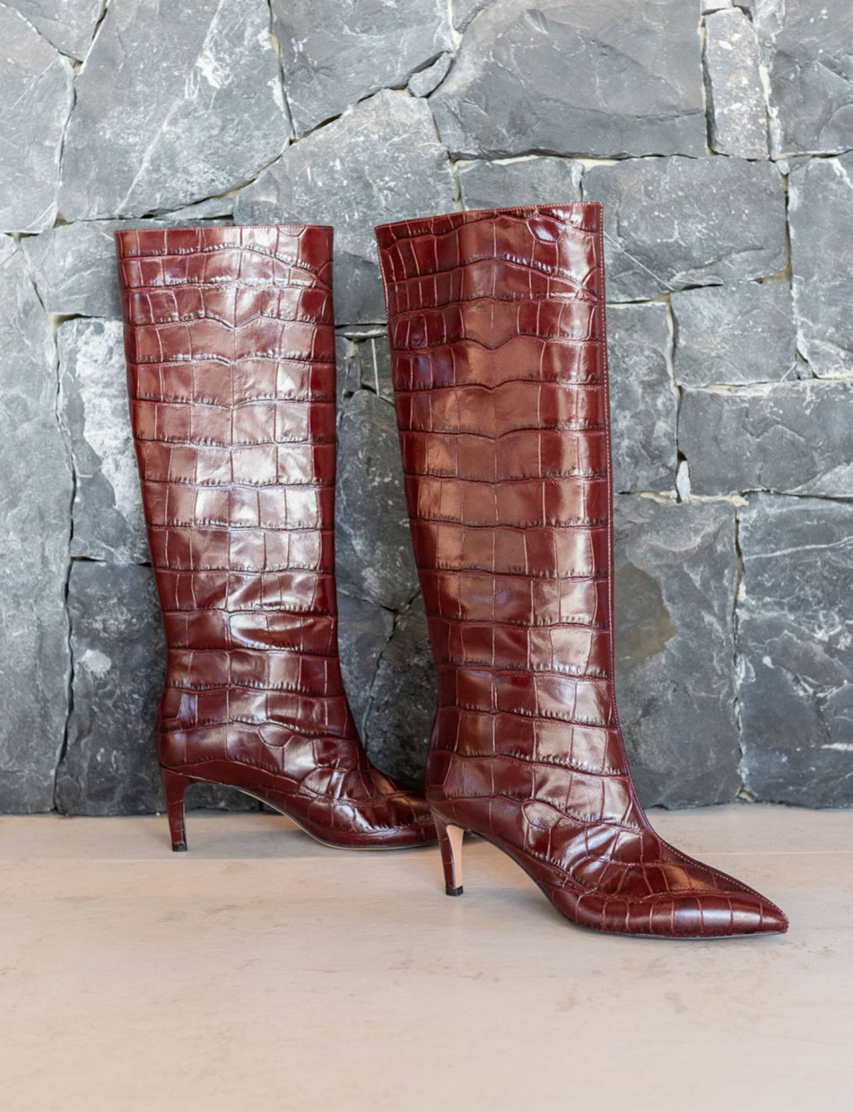 Botas de tacón alto tacón 7 cm burdeos efecto coco