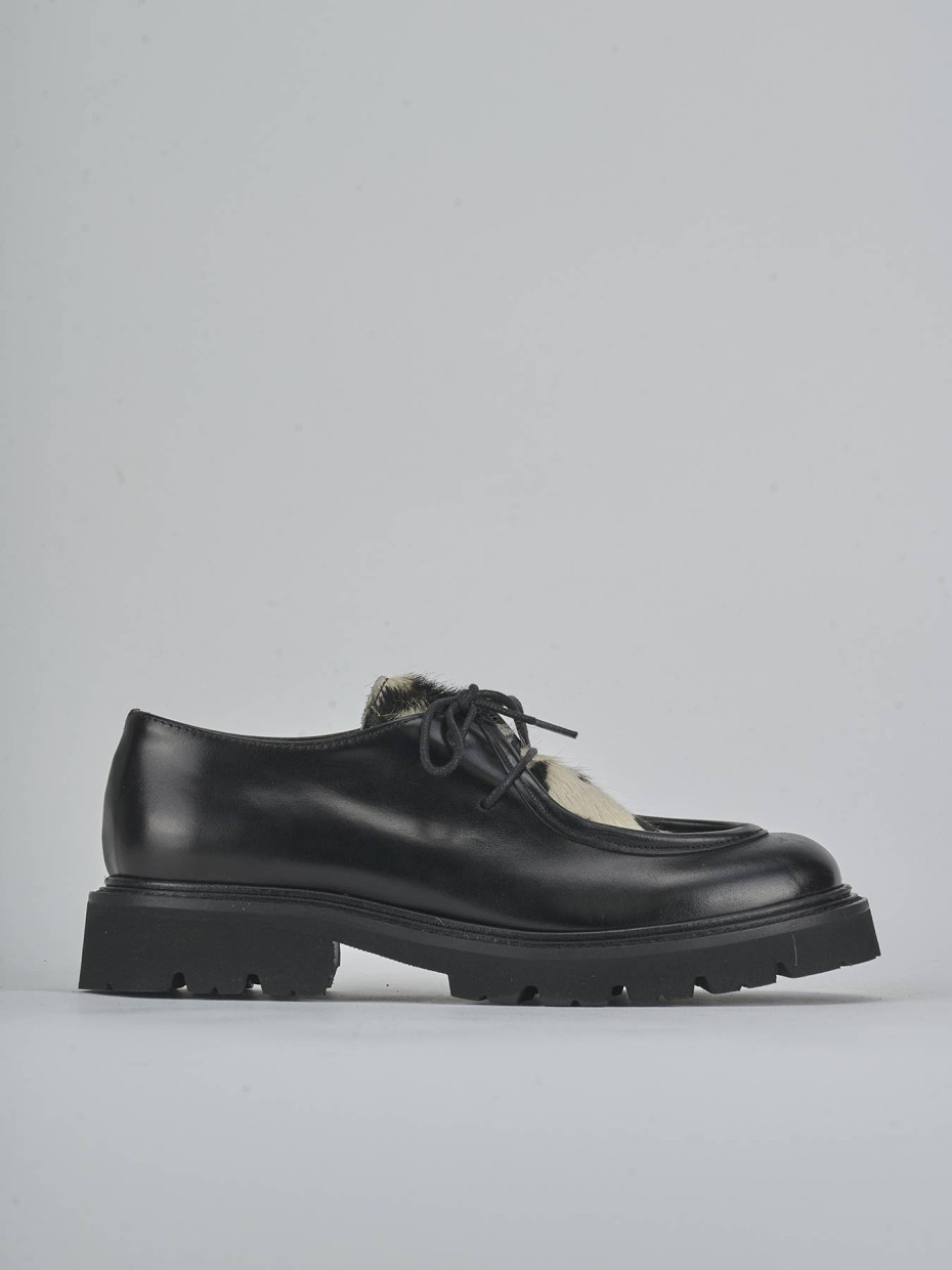 Zapatos de cordones tacón 3 cm negro cuero de vaca con pelo