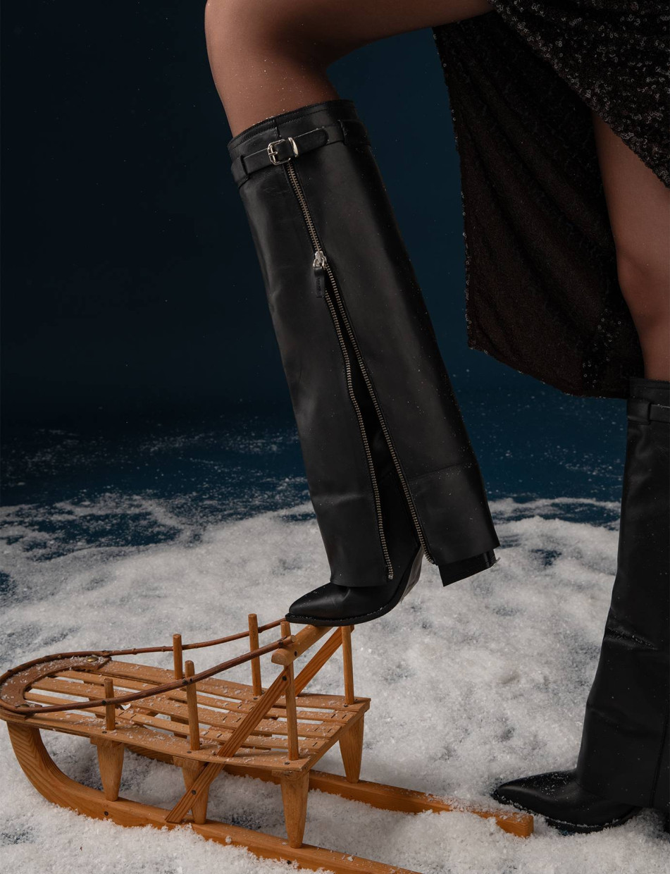 Botas de tacón alto tacón 8 cm negro cuero