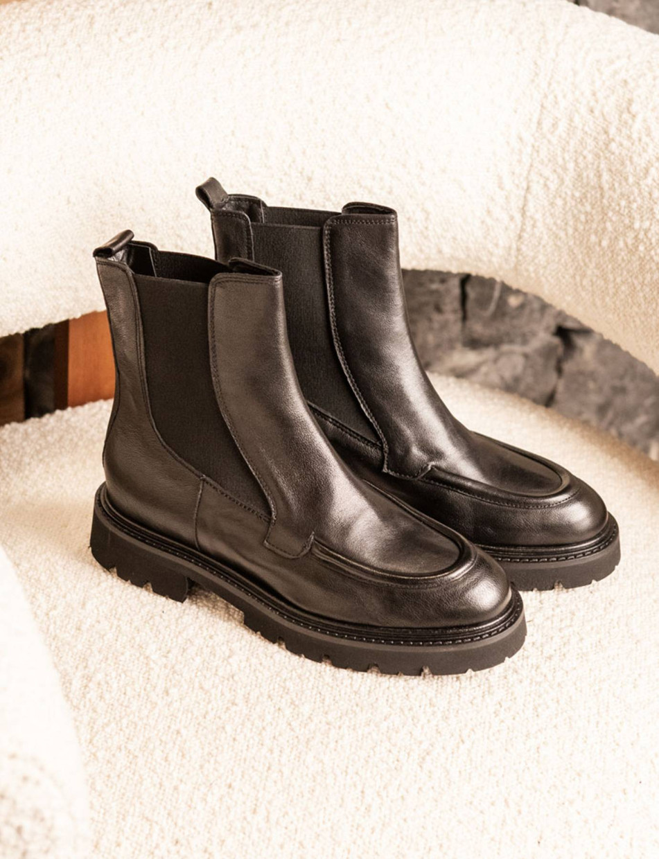 Botines de tacón bajo tacón 3 cm negro cuero