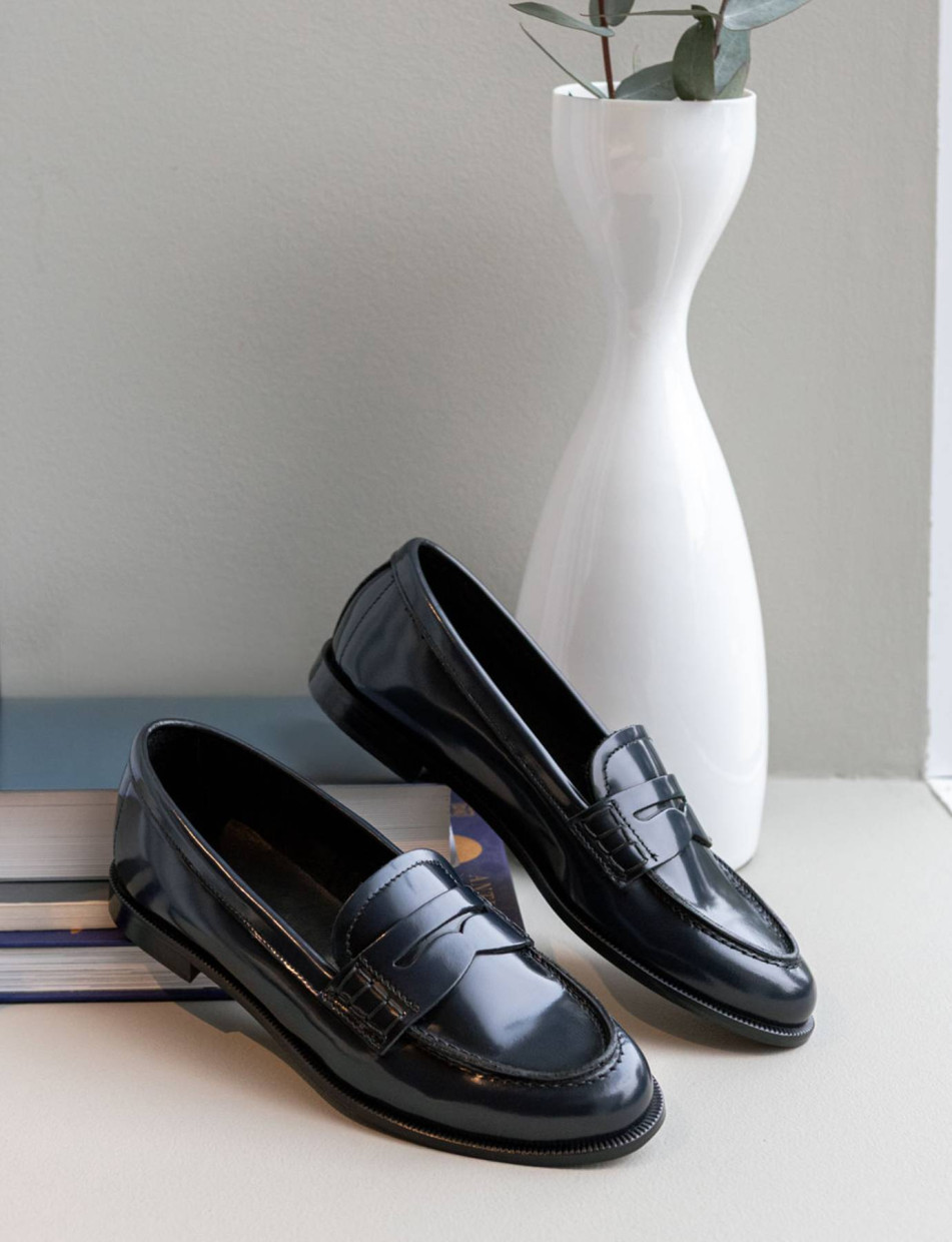 Mocasines tacón 1 cm azul cuero