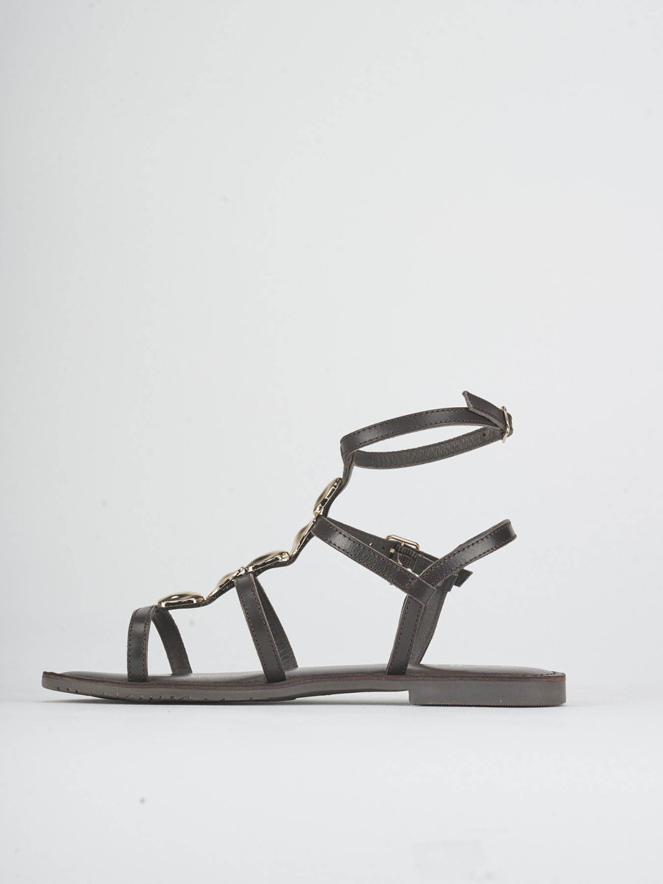 Sandalias de tacón bajo tacón 1 cm marrón oscuro cuero
