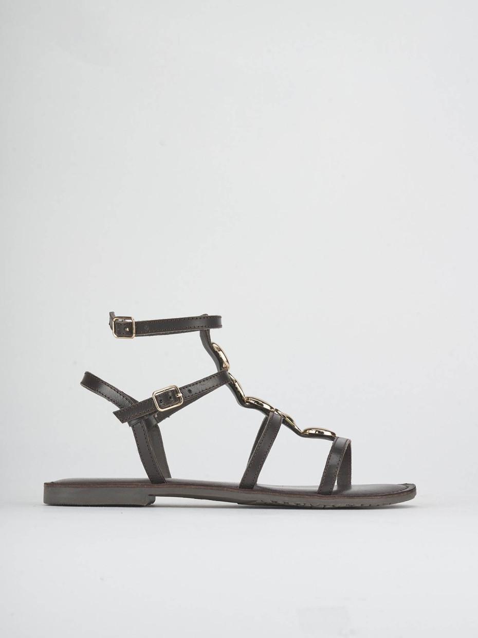 Sandalias de tacón bajo tacón 1 cm marrón oscuro cuero