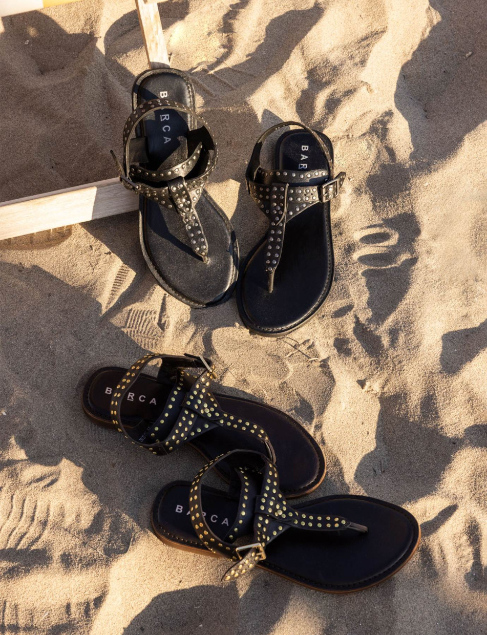 Sandalias de tacón bajo tacón 1 cm negro cuero