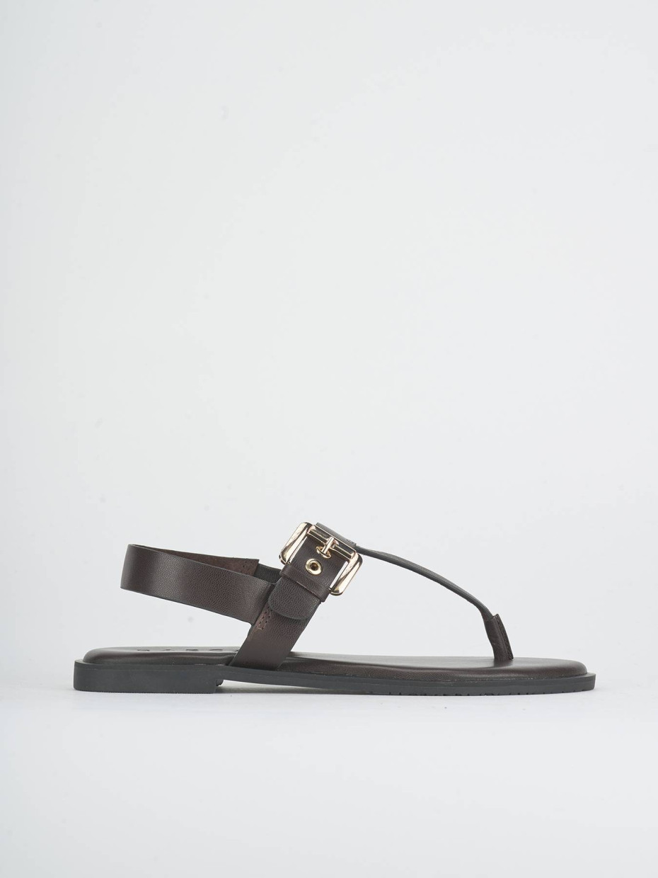 Sandalias de tacón bajo tacón 1 cm marrón oscuro cuero