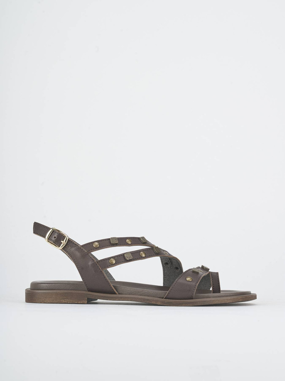 Sandalias de tacón bajo tacón 1 cm marrón oscuro cuero