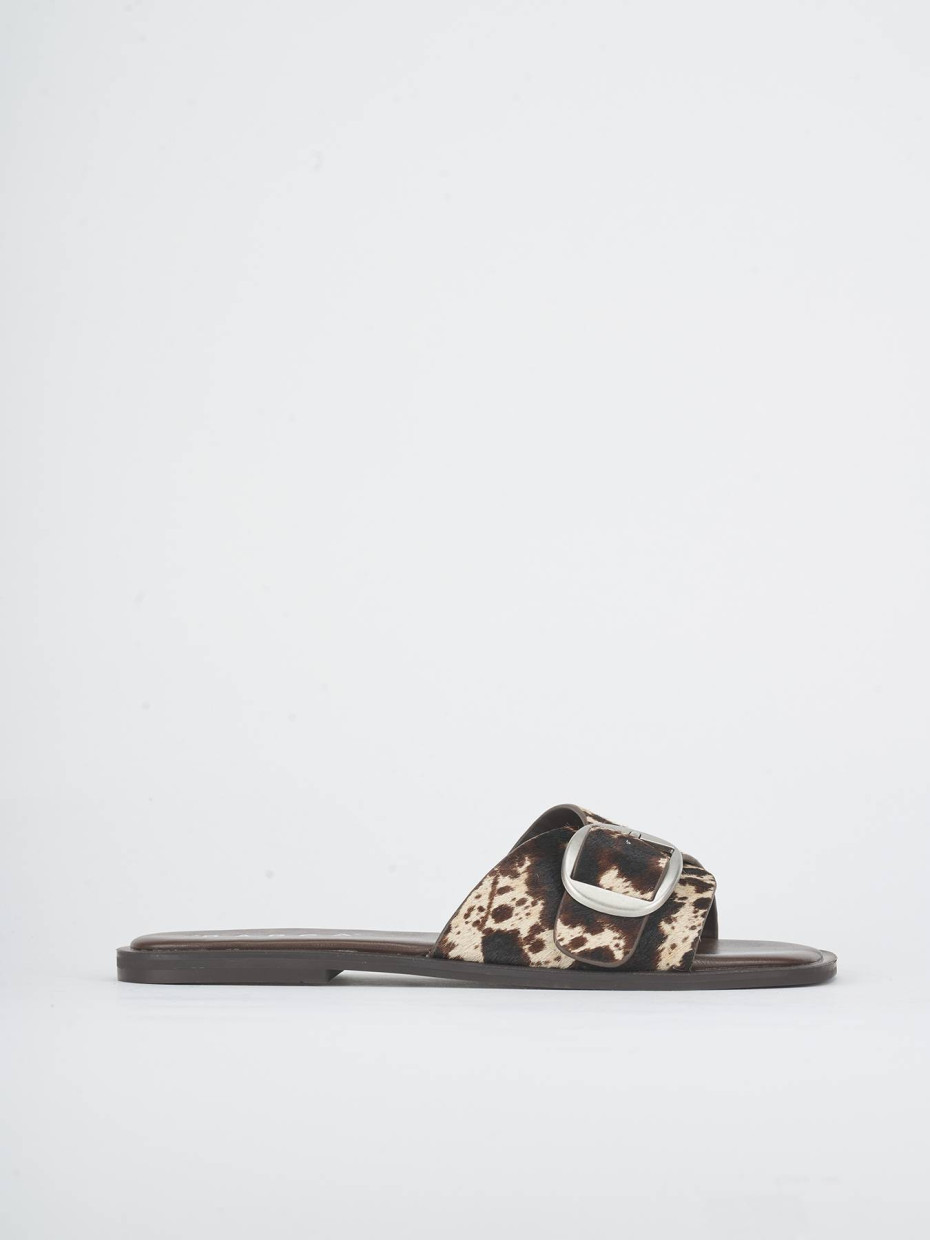 Mules tacón 1 cm marrón oscuro cuero de vaca con pelo