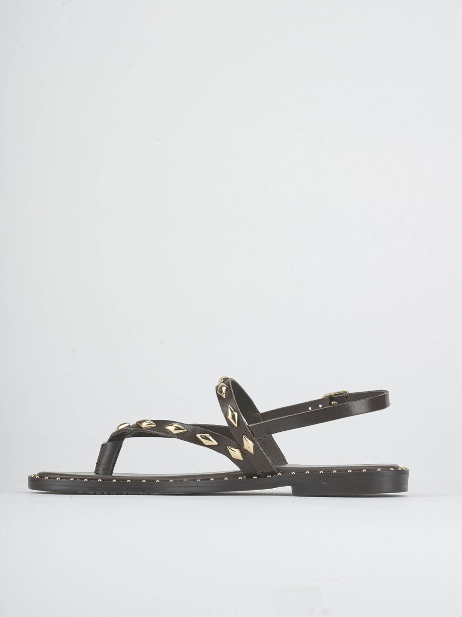Sandalias de tacón bajo tacón 1 cm marrón oscuro cuero