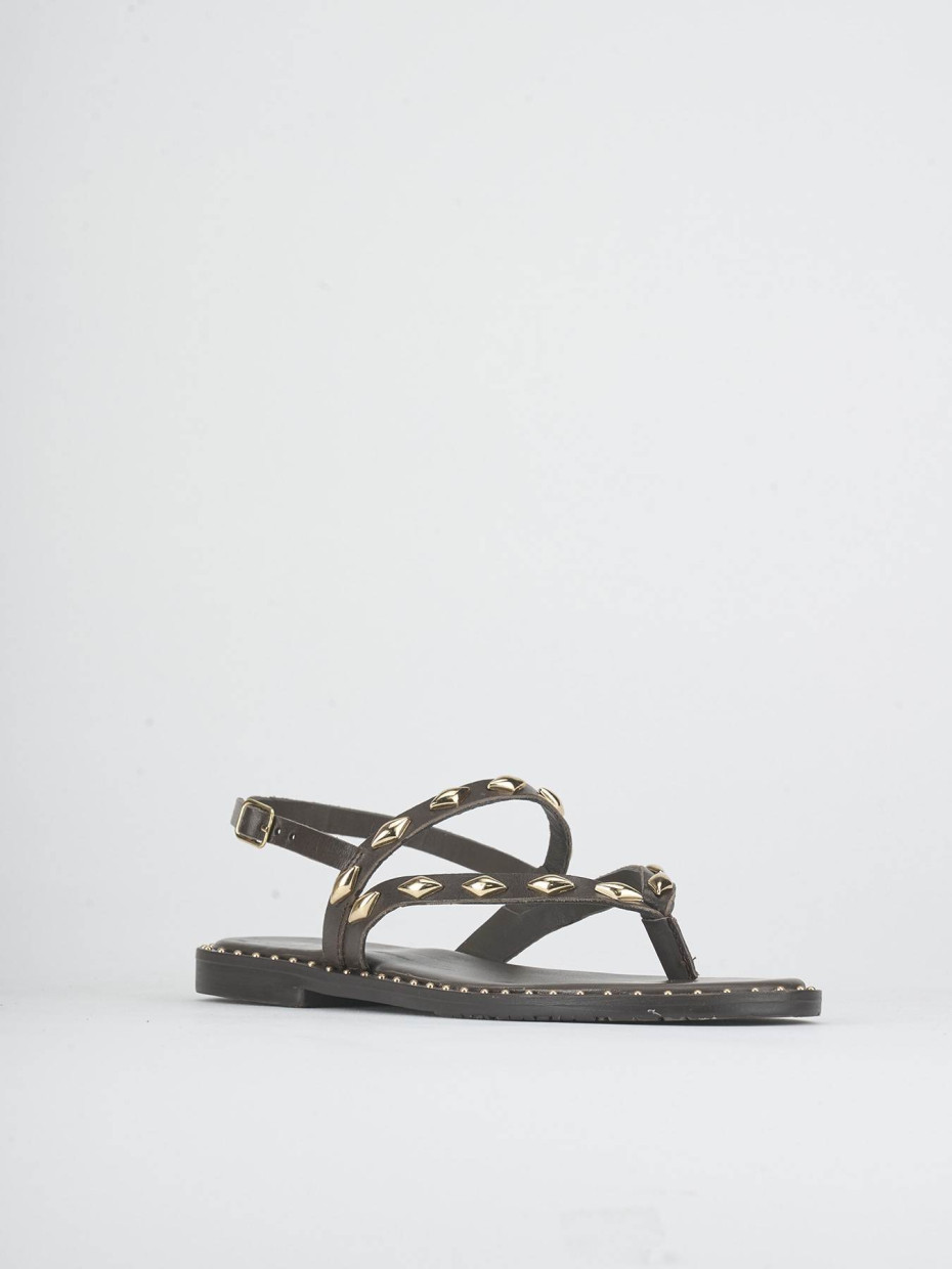 Sandalias de tacón bajo tacón 1 cm marrón oscuro cuero