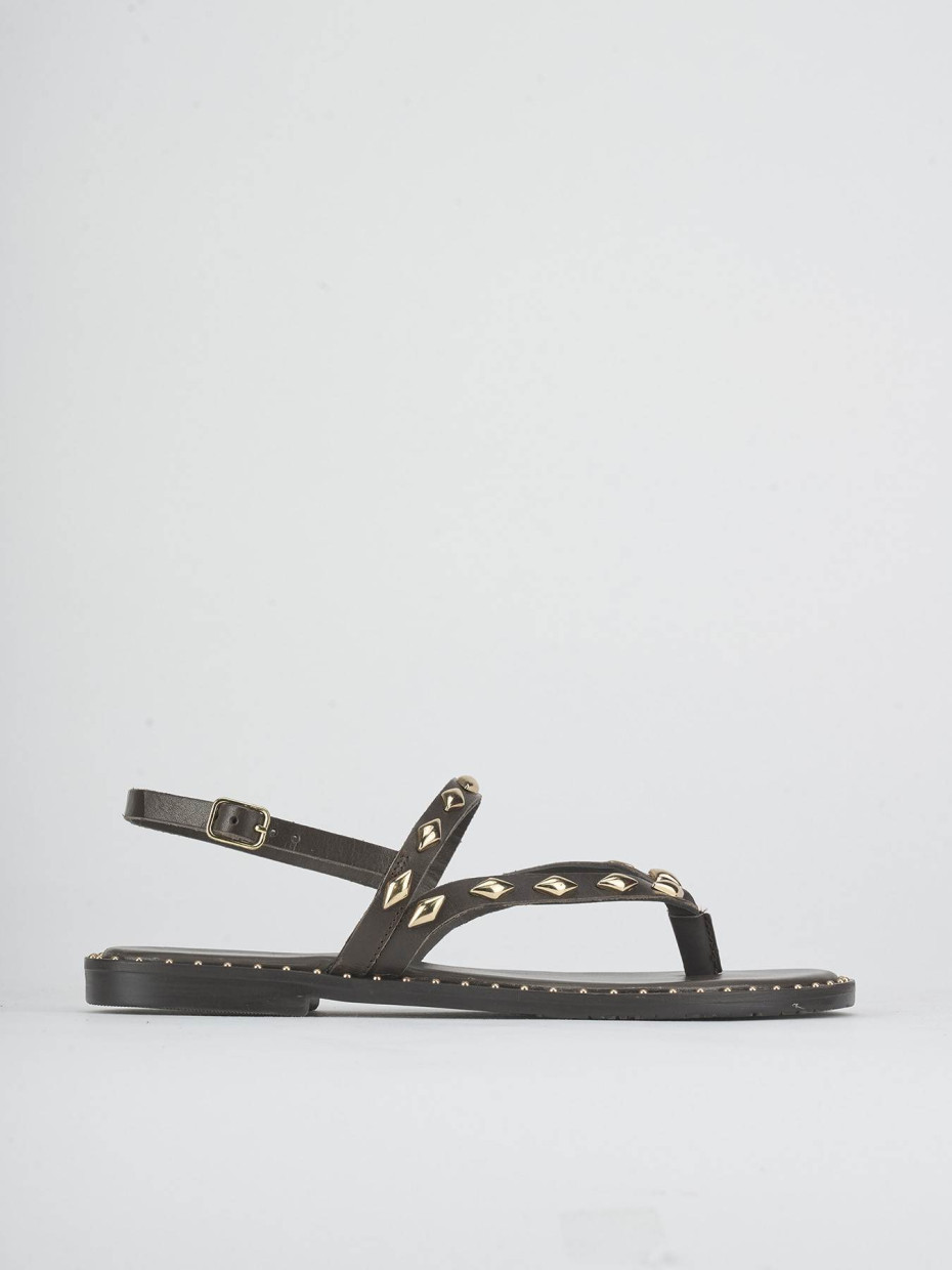 Sandalias de tacón bajo tacón 1 cm marrón oscuro cuero