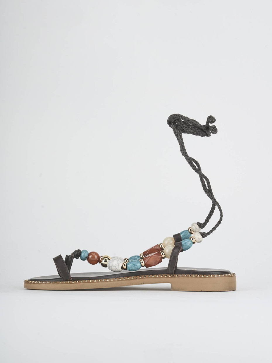 Sandalias de tacón bajo tacón 1 cm marrón oscuro cuero