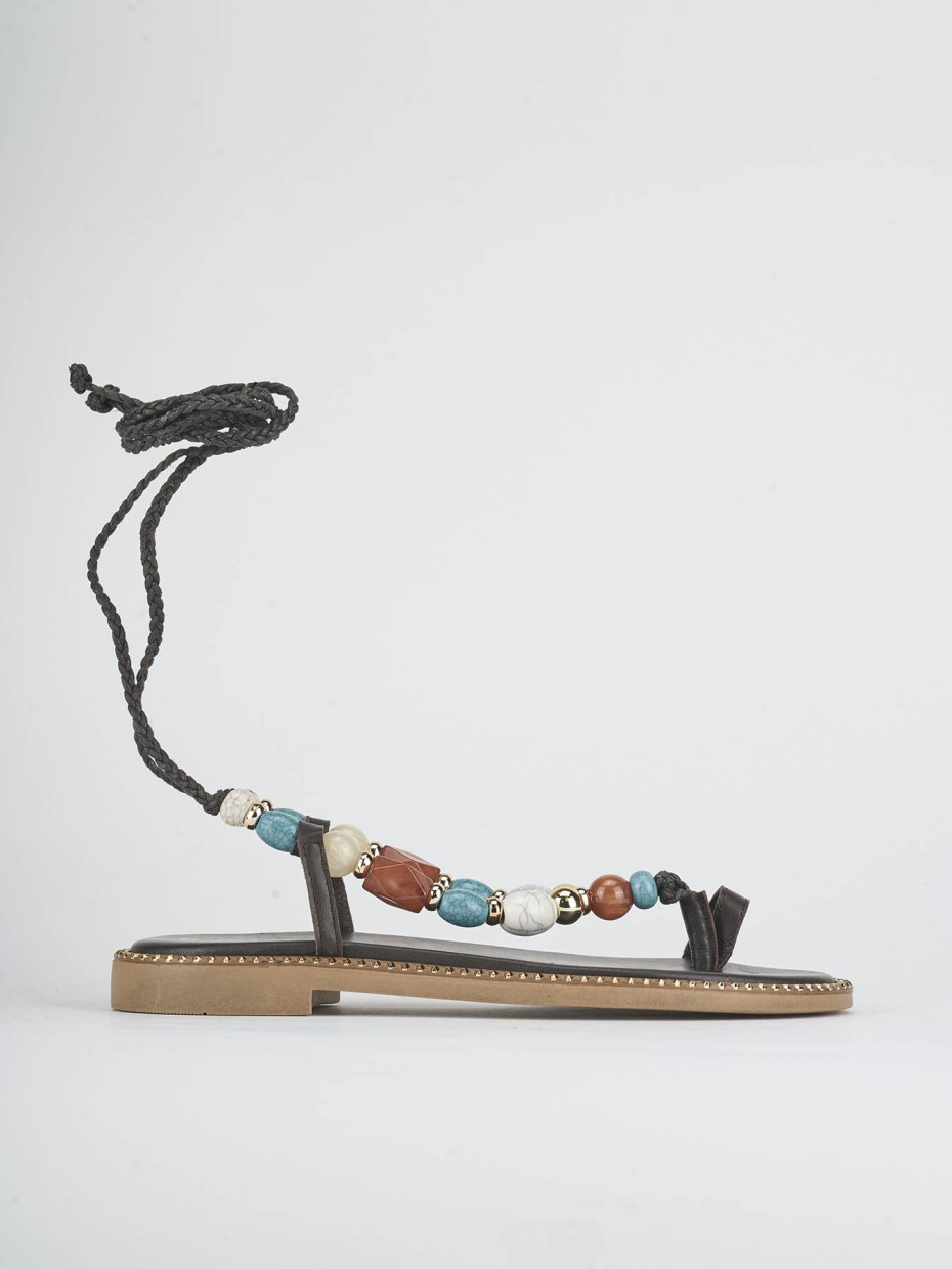 Sandalias de tacón bajo tacón 1 cm marrón oscuro cuero
