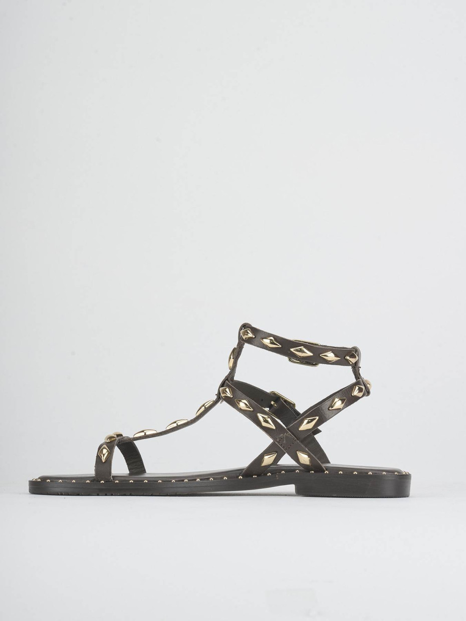 Sandalias de tacón bajo tacón 1 cm marrón oscuro cuero