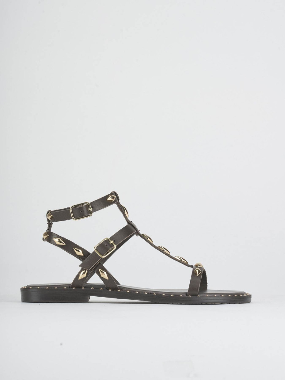 Sandalias de tacón bajo tacón 1 cm marrón oscuro cuero