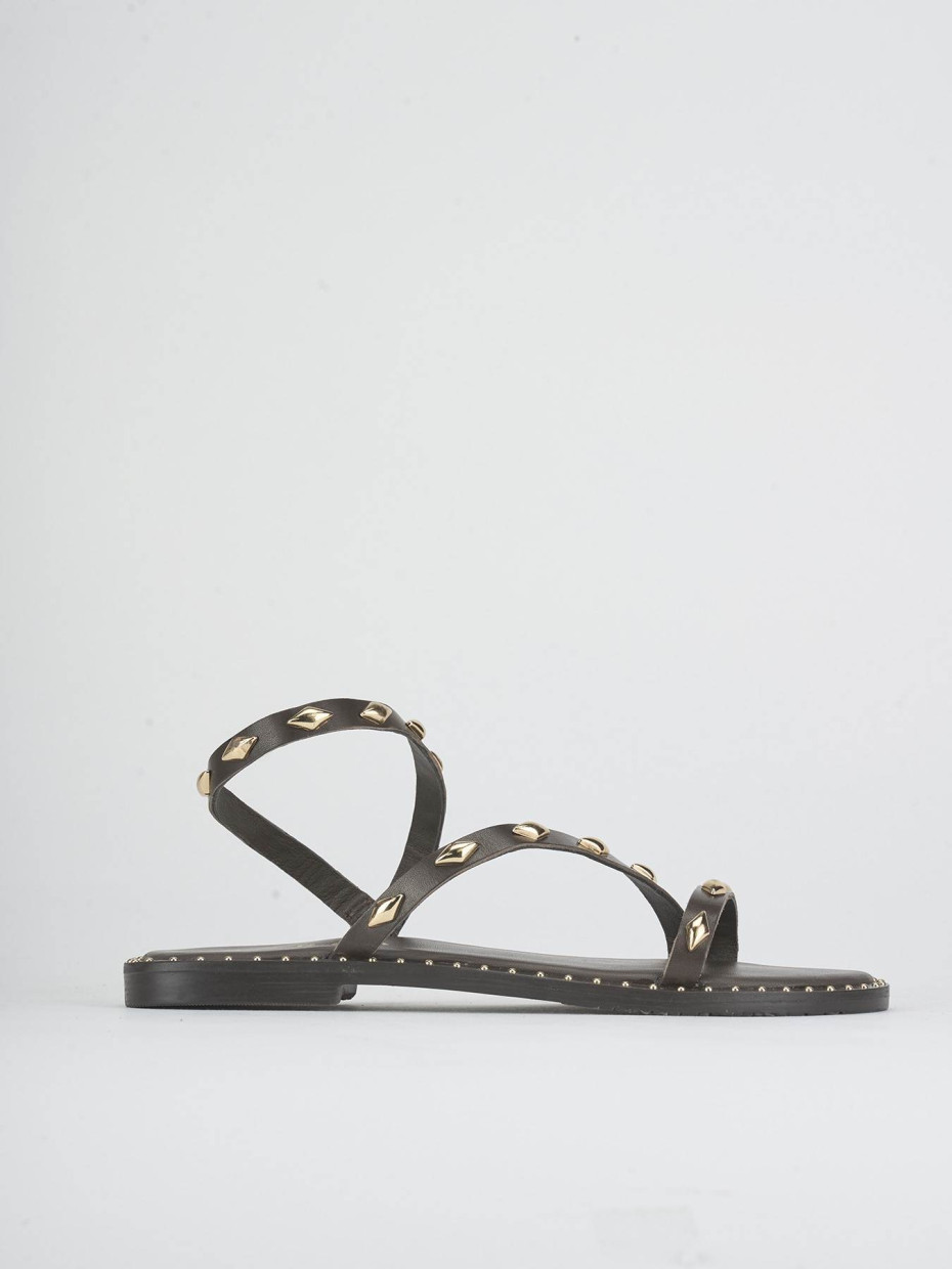 Sandalias de tacón bajo tacón 1 cm marrón oscuro cuero