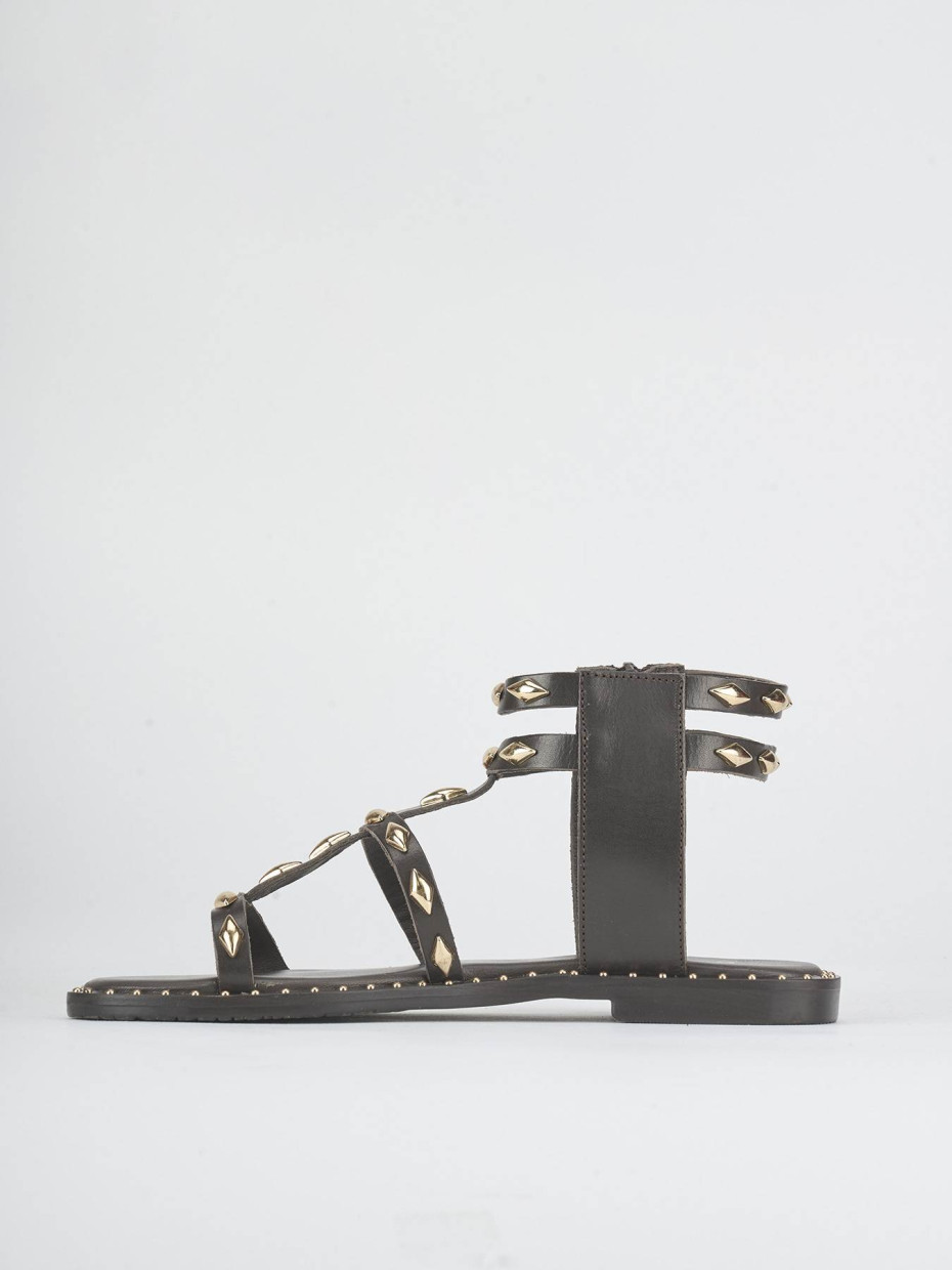 Sandalias de tacón bajo tacón 1 cm marrón oscuro cuero