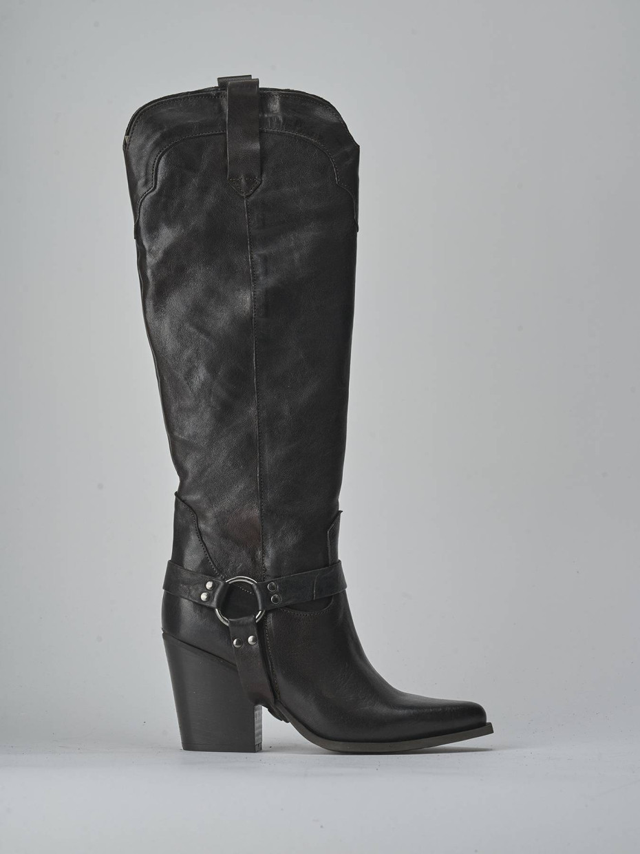 Botas de tacón alto tacón 7 cm marrón oscuro cuero