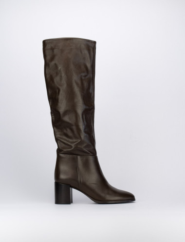 Botas de tacón alto tacón 5 cm marrón oscuro cuero