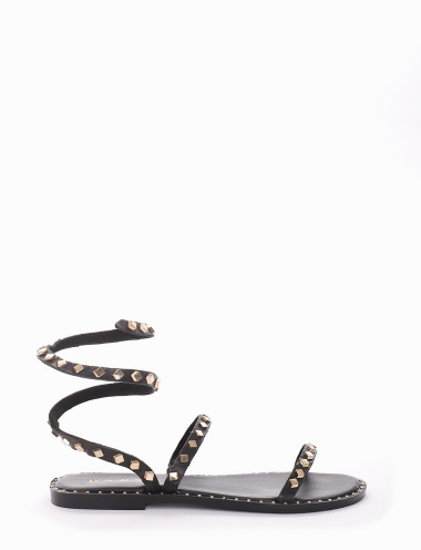 Sandalias de tacón bajo tacón 1 cm negro cuero